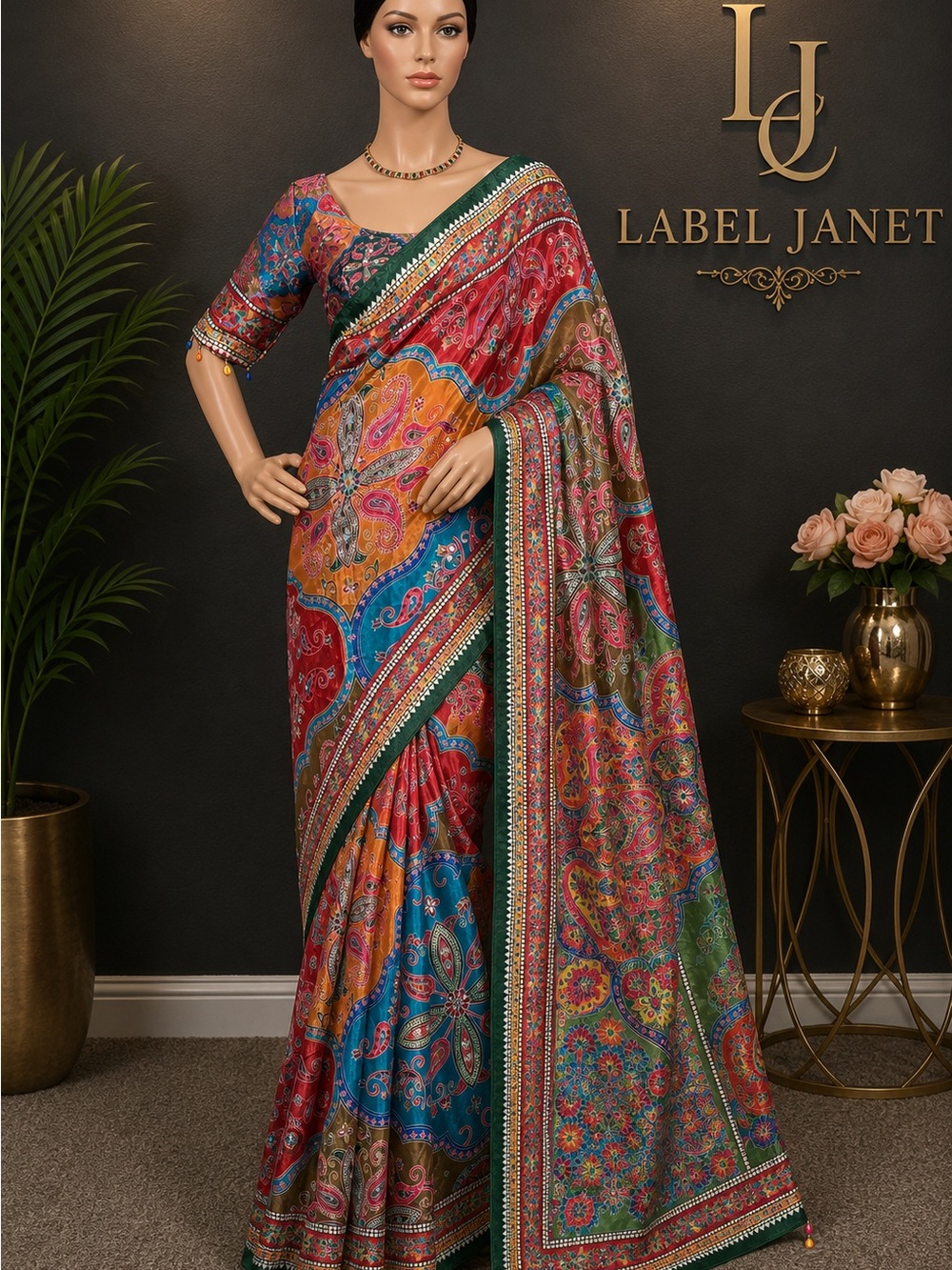 Brand new,Ajrakh Mirror work Roman Silk Saree with stitched blouse